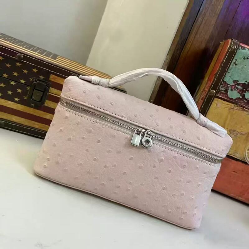 High-End Ostrich Pattern Lp19Extra Pocket Box Bag Lunch Box Bag 2025 Genuine Leather Handbag Crossbody Small Bag