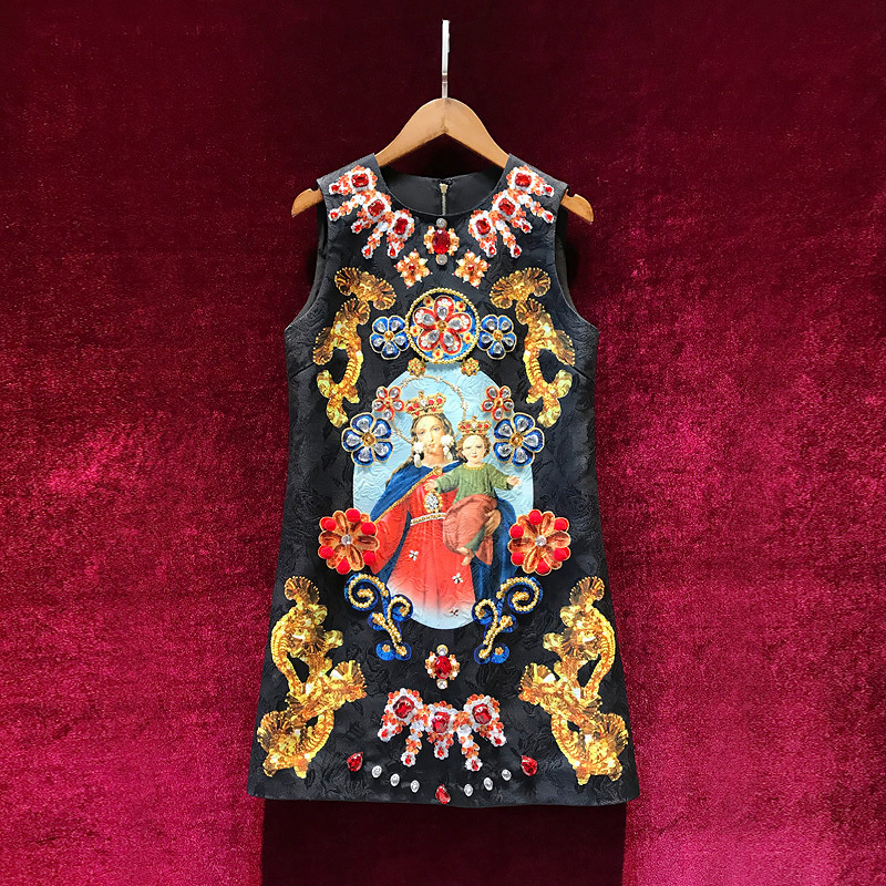 Retro Palace-Style Printed Vest Dress, Accessible Luxury and High-End Feel, Heavy-Duty Diamond-Encrusted Dress, Classy Sleeveless Black Dress
