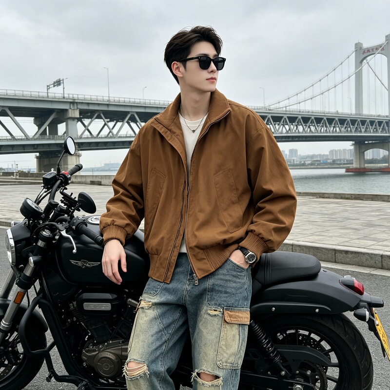 Medela Brown Flight Jacket for Men, Autumn American-Style Relaxed Casual Stylish Workwear Jacket, Baseball Jacket for Men Medela Brown Flight Jacket for Men, Autumn American-Style Relaxed Casual Stylish Workwear Jacket, Baseball Jacket for Men