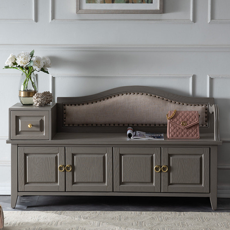 Light luxury back change shoe stool solid wood leather wear shoe stool door shoe cabinet entry porch storage stool storage bed end stool