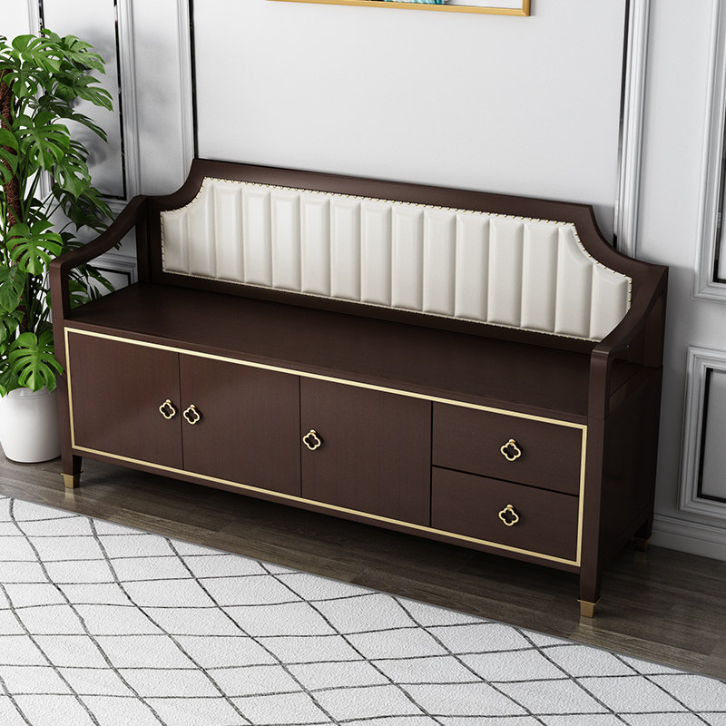New Chinese-style backrest changing shoe stool solid wood leather entrance storage stool sofa stool bed end stool light luxury can sit and wear shoe cabinet