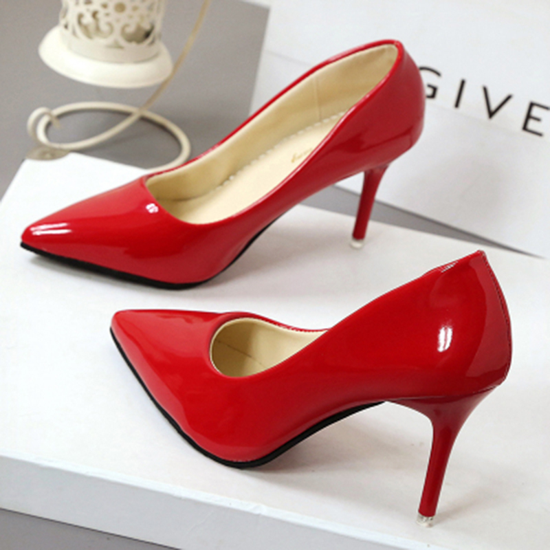 2024 Spring New Patent Leather Red Wedding Shoes Shallow Black Heel High Heel Pumps Stiletto Pointed Toe Work Shoes