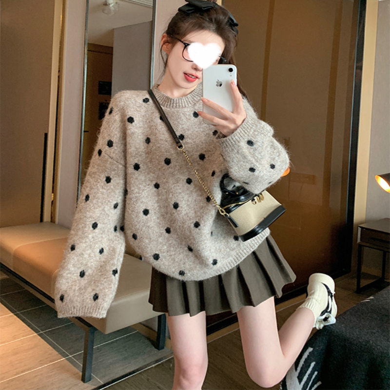 Gray Polka Dot Pullover Sweater for Women, Autumn Thickened Loose Casual Hong Kong Style Retro Petite Inner Knitwear Gray Polka Dot Pullover Sweater for Women, Autumn Thickened Loose Casual Hong Kong Style Retro Petite Inner Knitwear