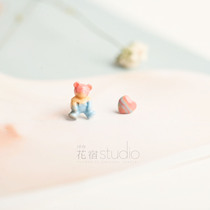 Florists hand for small bear and loving s925 pure silver ins asymmetrical ear nails playful and cute girls heart personality