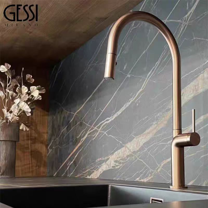 Italian Gessi All-Copper Pull-Out Hot and Cold Water Faucet Rotating Kitchen Multi-Mode Faucet for Sink