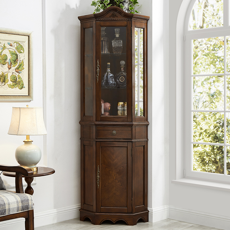 American-Style Solid Wood Corner Cabinet, Triangular Living Room Corner Cabinet with Lights, European-Style Corner Storage Cabinet with Wine Cabinet