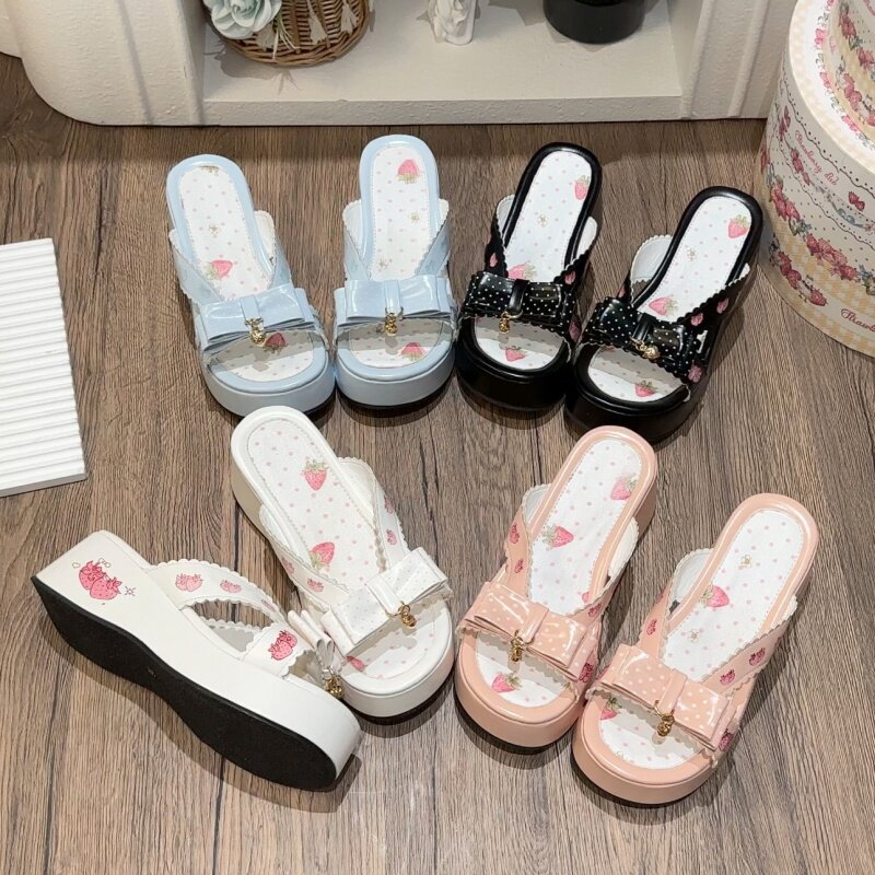 Witch's Night Original'Strawberry Dots' Lolita Thick-Soled Japanese Style Clogs and Bow Slippers