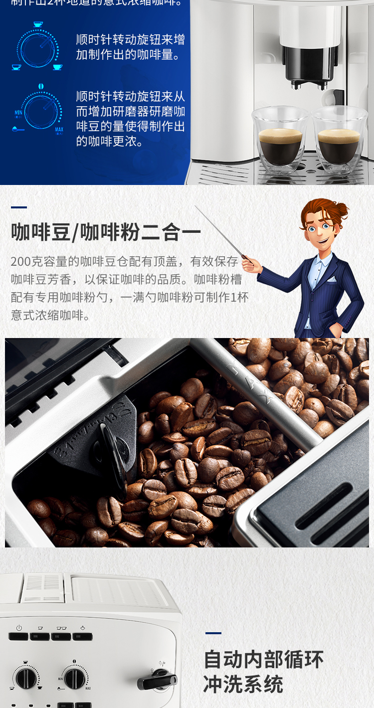 Delonghi / 德 ESAM2200.W Máy pha cà phê hoàn toàn tự động nhập khẩu hộ gia đình thương mại Ý cát trắng may pha cafe ban tu dong