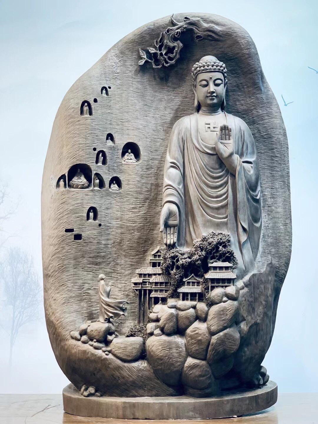 Creative furniture artistic conception ornaments Zen worship Buddha Guanyin gloomy ebony works high 108 long 56 thick 25