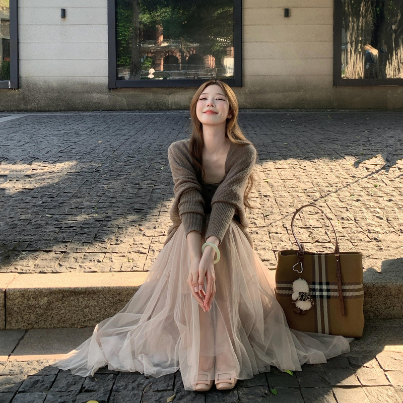 Korean Style Mature and Sophisticated Outfit Set for Autumn: Knitted Sweater, Camisole, and Mesh Long Skirt Three-Piece Set