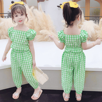 Girls plaid suit summer cotton baby girl small fresh Korean version puff sleeve top anti-mosquito pants trousers suit