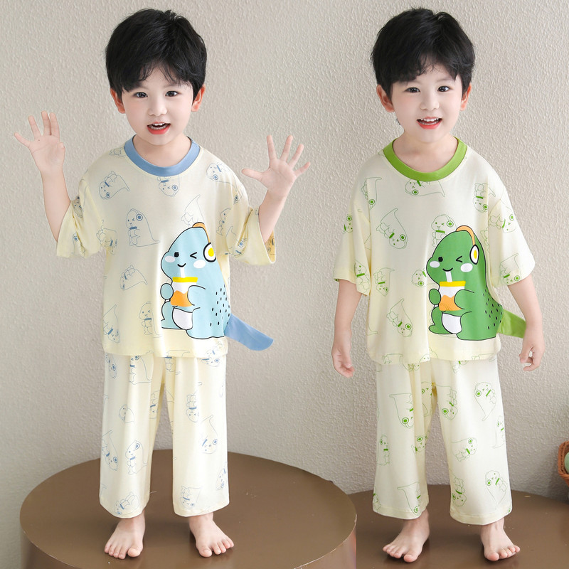 Children's Dinosaur Pajamas, Summer Thin Style, 2026 New Model, Baby Three-Quarter Sleeve Pants, Home Wear Set, Boys' Air-Conditioning Clothing