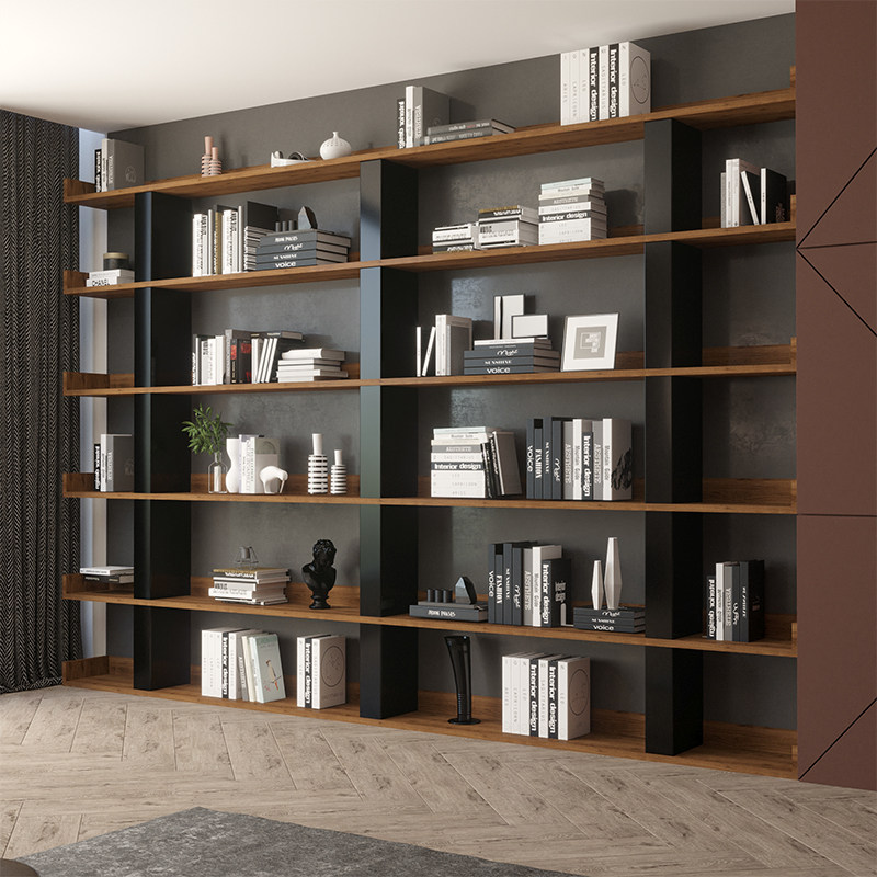 American Retro Iron Art Light Luxury Bookcase Full Wall Floor Shelves Custom Office Solid Wood Living Room Display Shelve