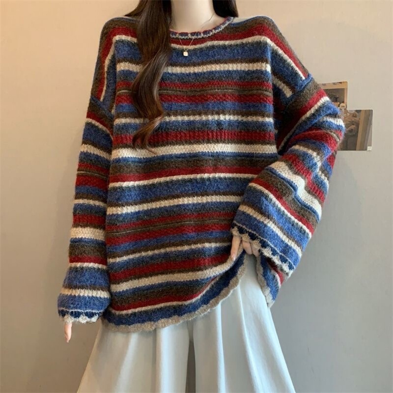Plus-Size Color-Block Striped Women's Sweater 2026 Autumn and Winter Plus-Size Vintage Lazy Style Versatile Knit Top