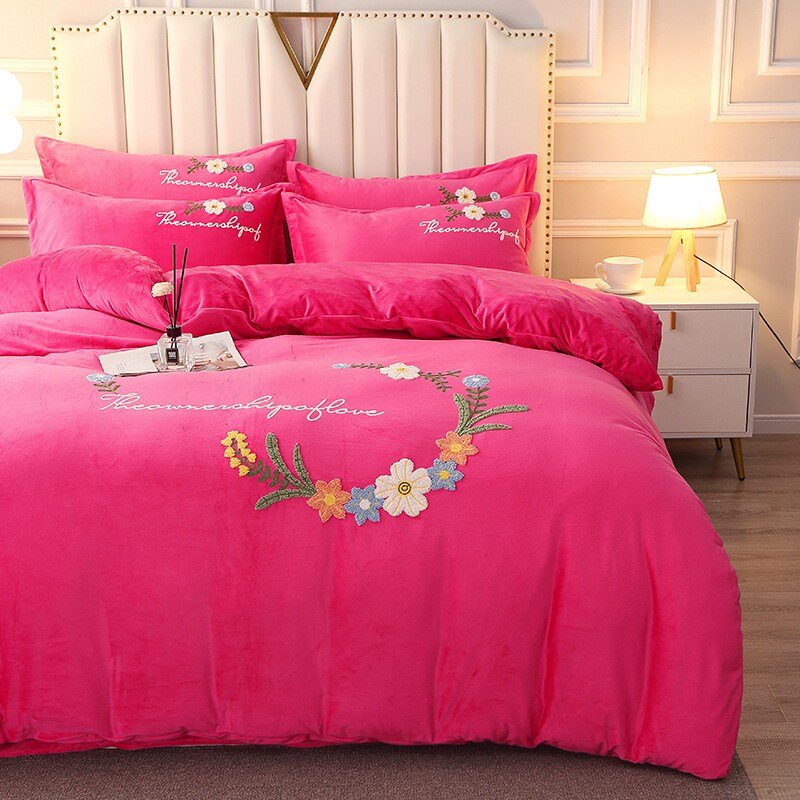 Baby suede four-piece set wedding big red crystal suede towel embroidered wedding with milk suede Bed Bedding