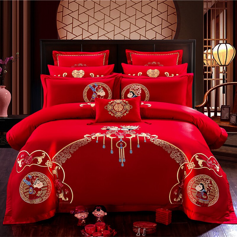 New wedding four pieces of big red festive all-cotton wedding celebration festival by six pieces of pure cotton wedding bedding
