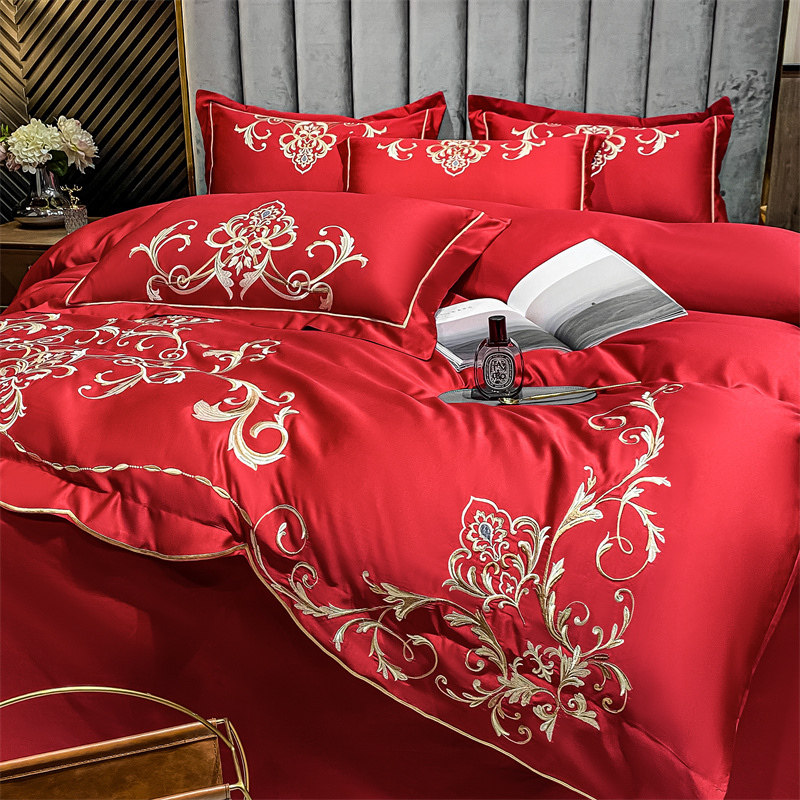 Washed true silk upscale Chinese embroidered wedding wedding wedding bed bedding four pieces of high-end atmosphere all-cotton linen