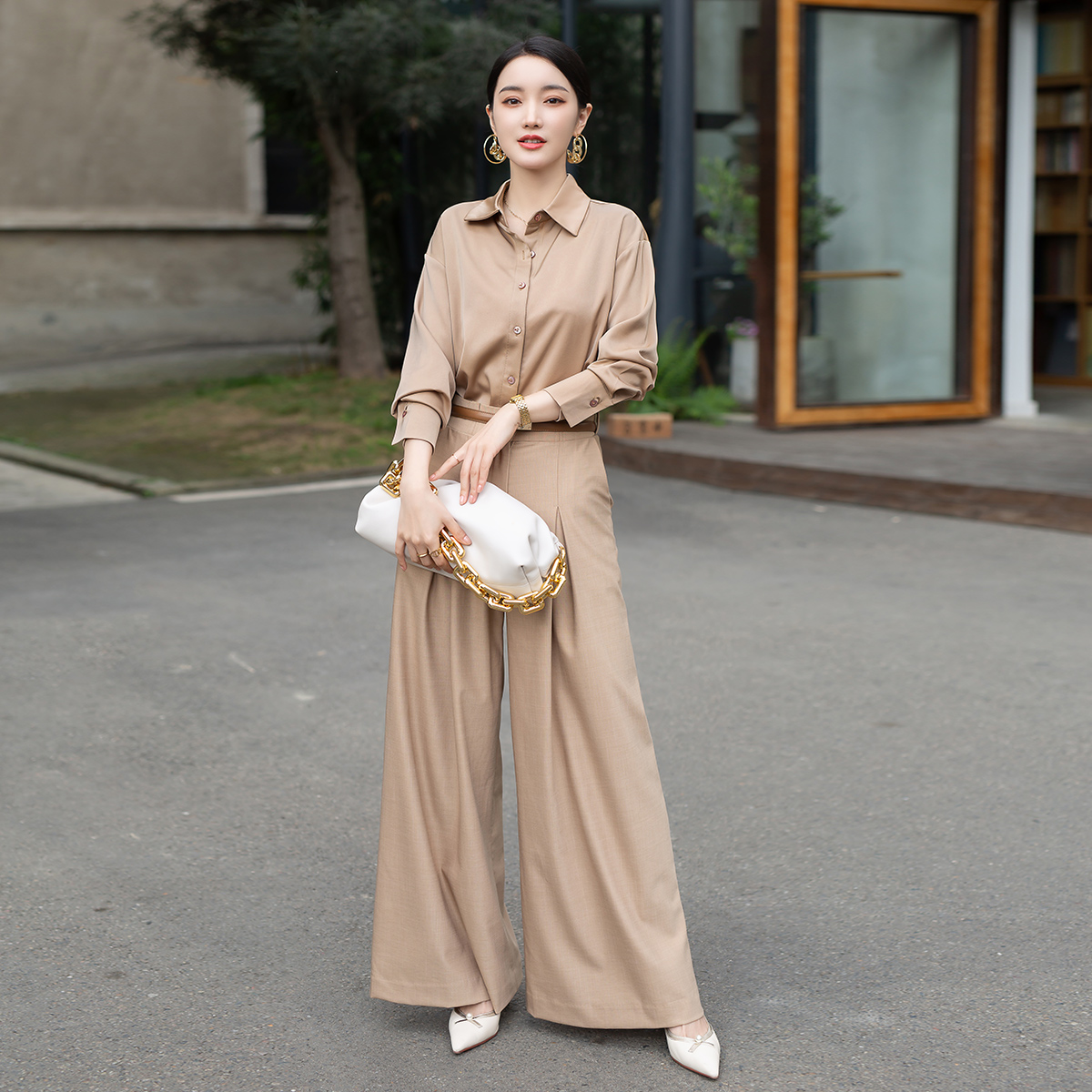 Zhang Nianen's custom made simple fashion Morandi thin long-sleeved shirt wide-leg pants professional suit women