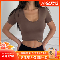 Mystery Ocean Europe and America Summer Street leisure sports style short tight top womens round neck low cut T-shirt