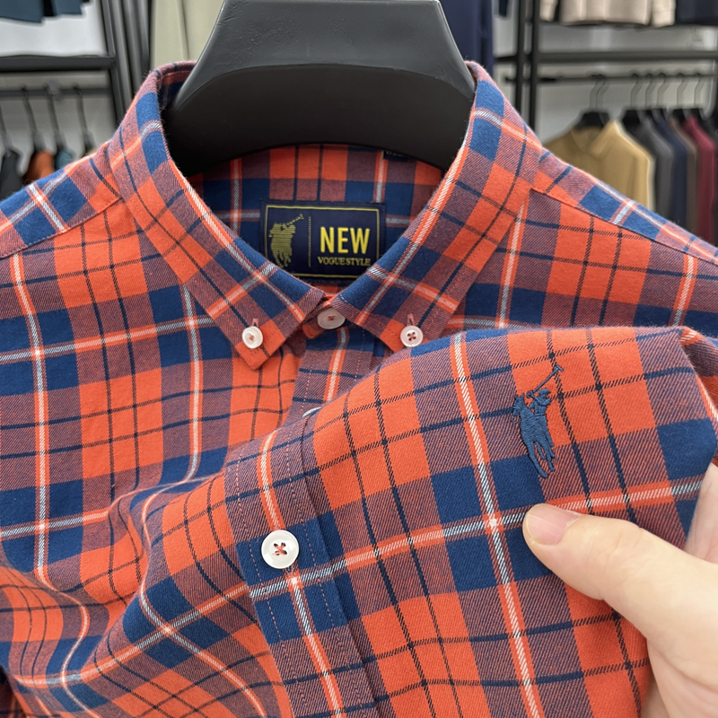 Authentic Paul High-End 100% Pure Cotton Long-Sleeved Shirt for Men, Spring and Autumn Casual Polo Shirt, Red Plaid