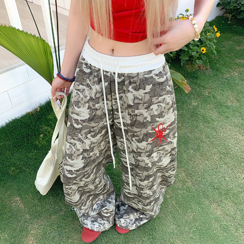 American Retro Color-Blocking Embroidered Camouflage Casual Pants Unisex Cleanfit Niche Versatile Loose Couple Wide-Leg Pants
