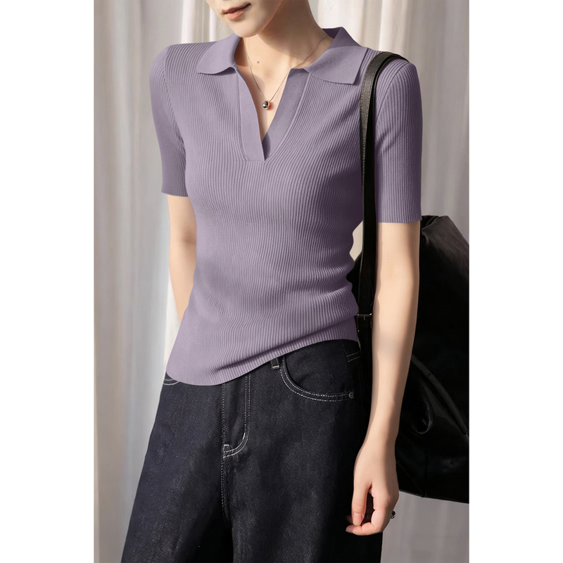 Gentle Style Purple Polo Collar Short-Sleeved Knitwear for Women 2026 Summer New Slim Fit Lapel Sweater Top