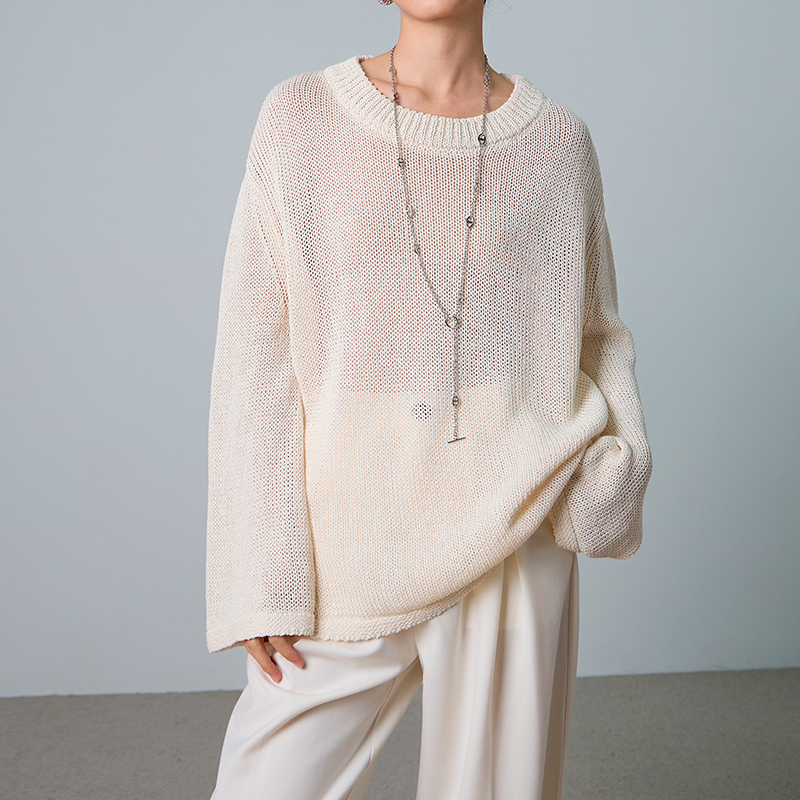 Wanda Yi and Paper Yarn Hollow-Out Knit Top for Women, Summer Round Neck Sheer Batwing Sleeve Loose Casual Oversized Blouse