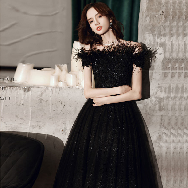 Black High-End Evening Dress for Banquets, Classy Hostess Birthday Banquet, Coming-Of-Age Ceremony, Long Off-The-Shoulder Dress