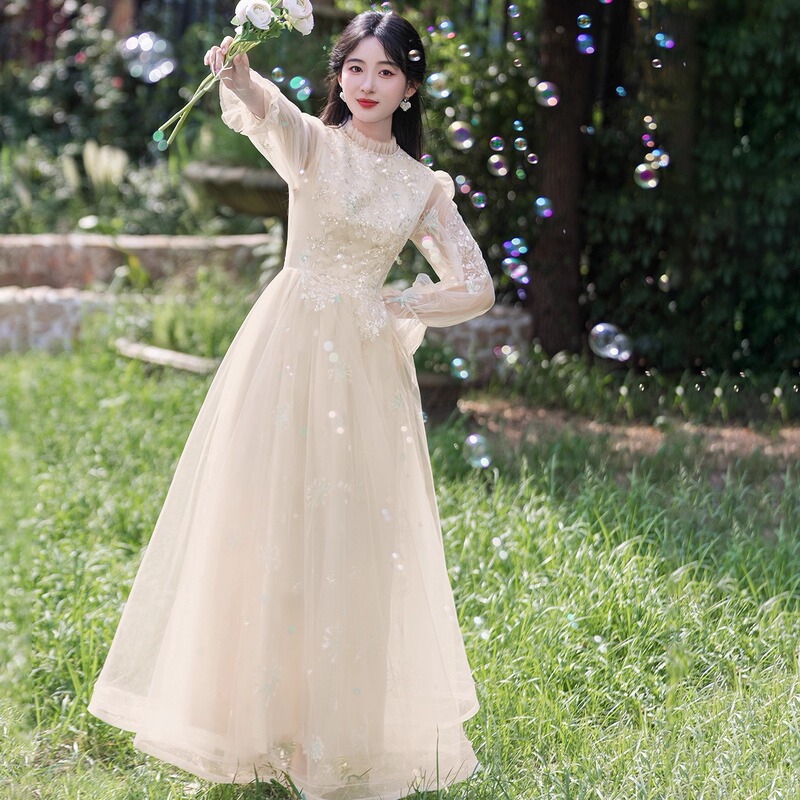 High-End Banquet Host Piano Performance Student Vocal Performance Coming-Of-Age Ceremony Long-Sleeved Art Exam Dress Performance Costume