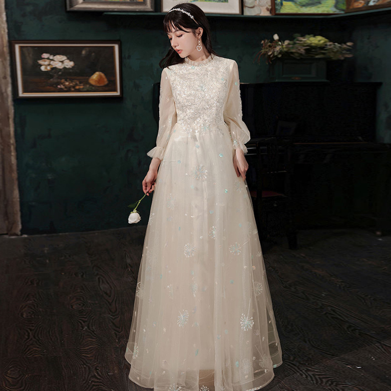 Elegant Banquet-Style Hostess Dress for Coming-Of-Age Ceremony, Piano Performance, Vocal Student Long-Sleeve Art Exam Dress