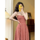 Mrs. Xiao 2024 retro apricot red petite suspender skirt spring and summer vacation plaid dress