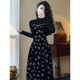 Mrs. Xiao Hepburn style black temperament light luxury waist style dress design suspender skirt