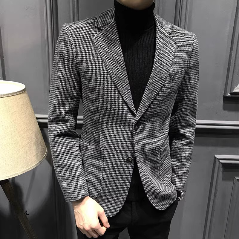 Autumn and Winter Woolen Woolen Houndstooth Suit Men's Jacket Casual Retro Heavy Plaid Small Suit Men's Large Size Trendy