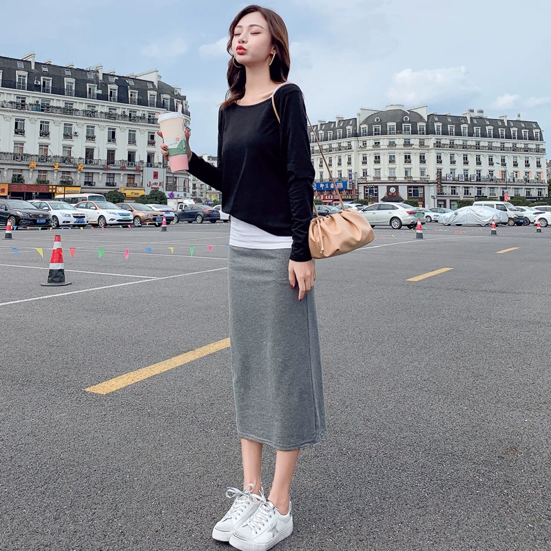 2021 đầu mùa thu mới của phụ nữ giả váy hai mảnh dài tay áo len giản dị phù hợp với váy dài mùa xuân và mùa thu hàng Châu Âu - váy đầm