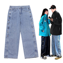 GCHC Side Draughty Jeans Male tide cards INS autumn and winter style Loose Straight Drum Hip Hop and American High Street Old Daddy Pants