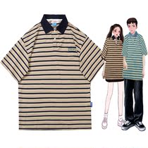 GCHC2022 American vintage short sleeve striped polo shirt male and female national tide lovers loot over half sleeve blouse