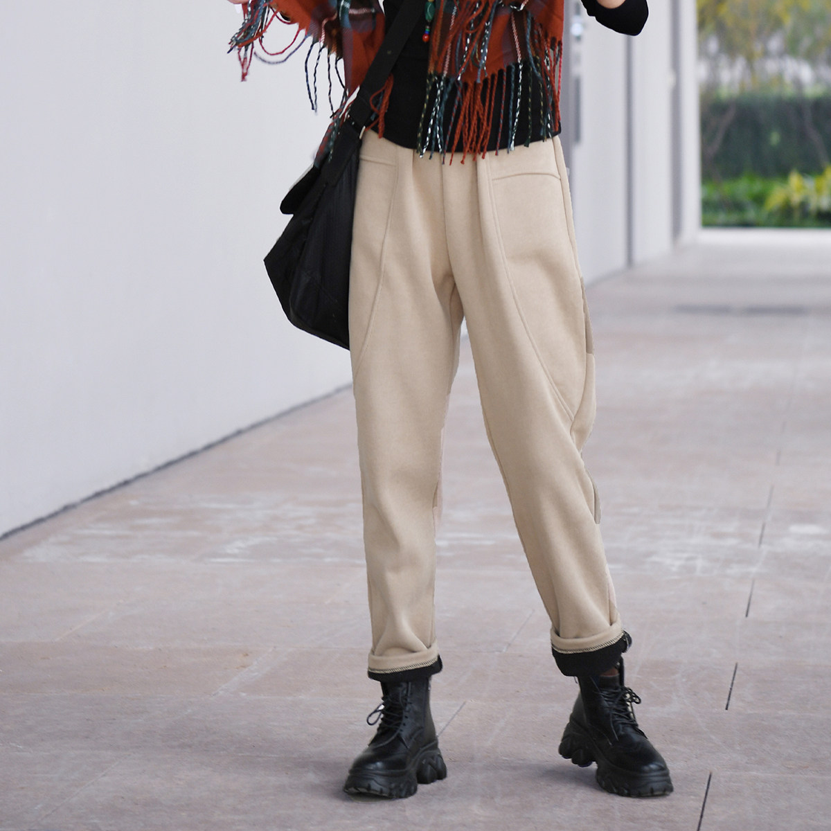 Beijing forest outdoor Xinjiang cotton autumn and winter knit plus fleece fleece sweat pants literature and art Harlan loose trousers women's style