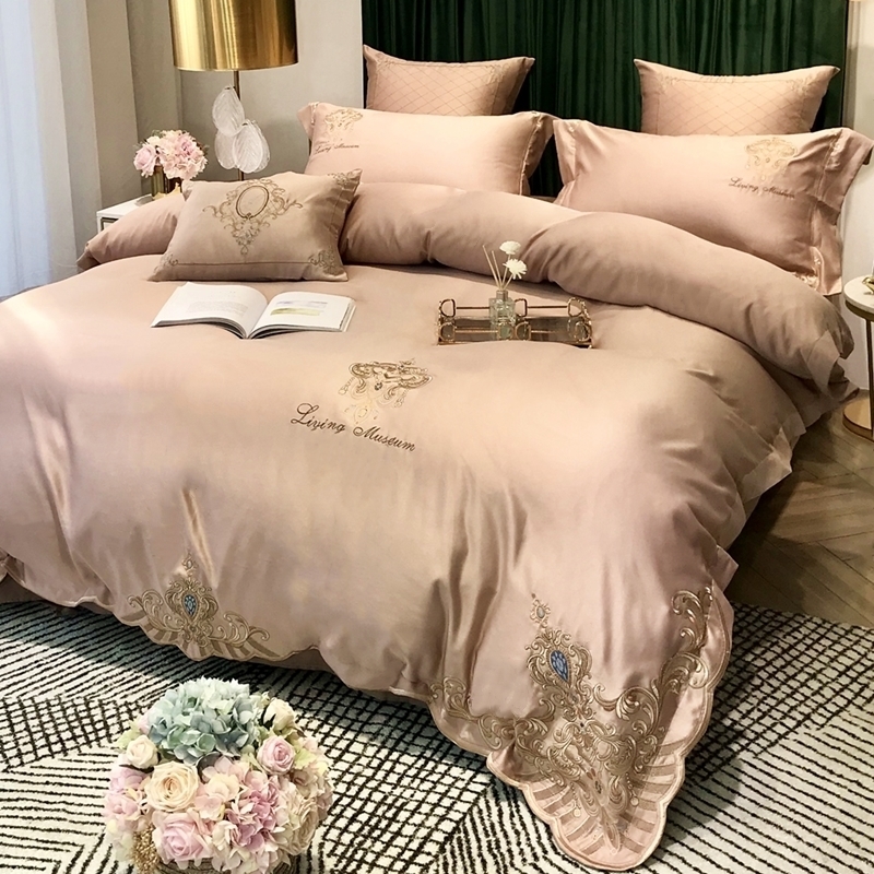 High-end bed cotton four piece cotton 100 full cotton bedding embroidery silk naked silk sleep sheet 4