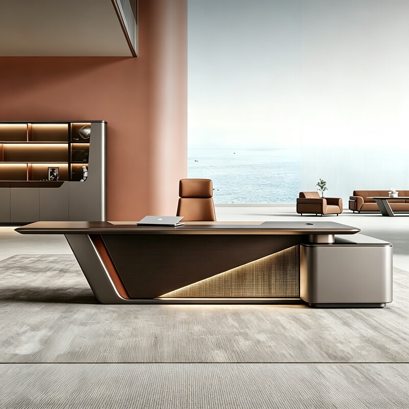 Modern Minimalist Executive Desk with Side Cabinet Storage, High-End Executive Desk