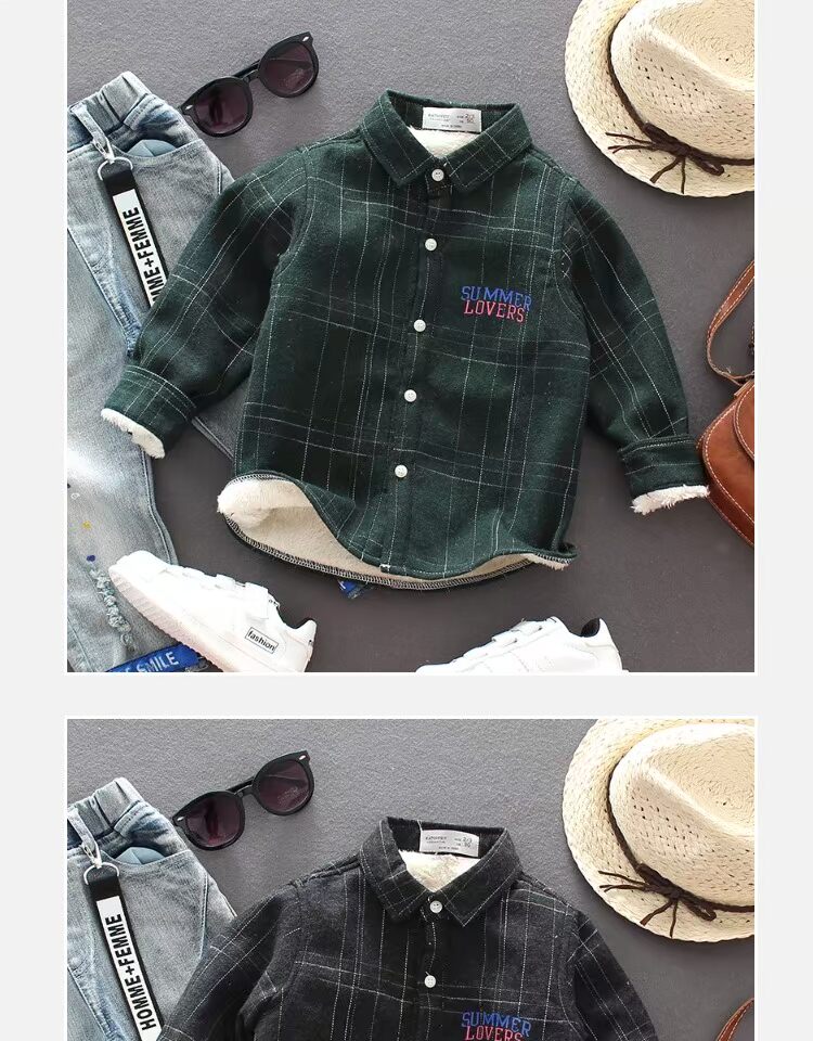 Áo sơ mi nam cotton dài tay mùa xuân và mùa thu quần áo trẻ em kẻ sọc trẻ em phiên bản Hàn Quốc cộng với áo nhung dày ấm áp áo sơ mi cho bé trai 6 tuổi