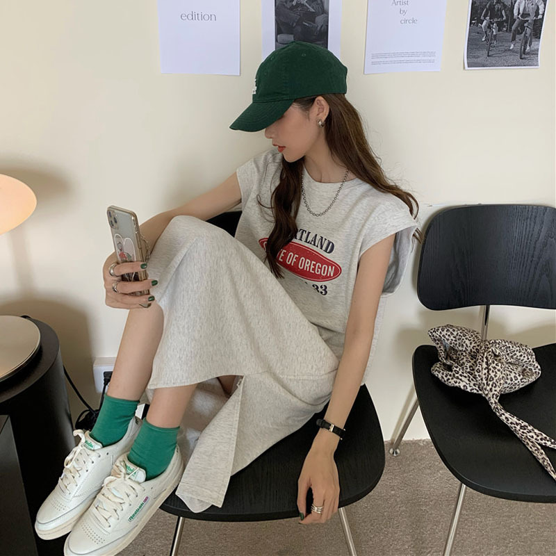 Hong Kong Style Letter Print Sleeveless Loose Tank Dress for Women, Gray and White, Summer Inner Wear, Outer Wear, Nightgown for Women Hong Kong Style Letter Print Sleeveless Loose Tank Dress for Women, Gray and White, Summer Inner Wear, Outer Wear, Nightgown for Women