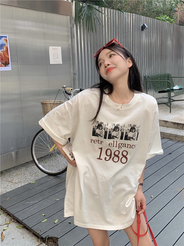 Popular Hong Kong-Style Retro Printed Mid-Length Dress, Short-Sleeve T-Shirt Dress for Women, Summer Loose Casual Top Dress Trend