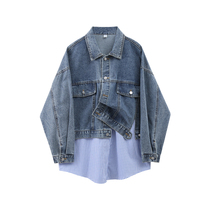 CIVICERA plaid splicing denim jacket autumn clothing 2022 new female long sleeves loose fake two outerwear