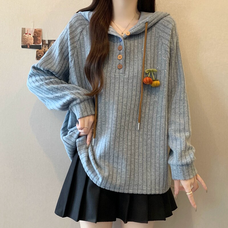 Plus Size 150kg Korean Style High-End Ribbed Hooded Sweatshirt for Women, Autumn and Winter Loose Fit, Tummy-Covering, Regular Shoulder Top
