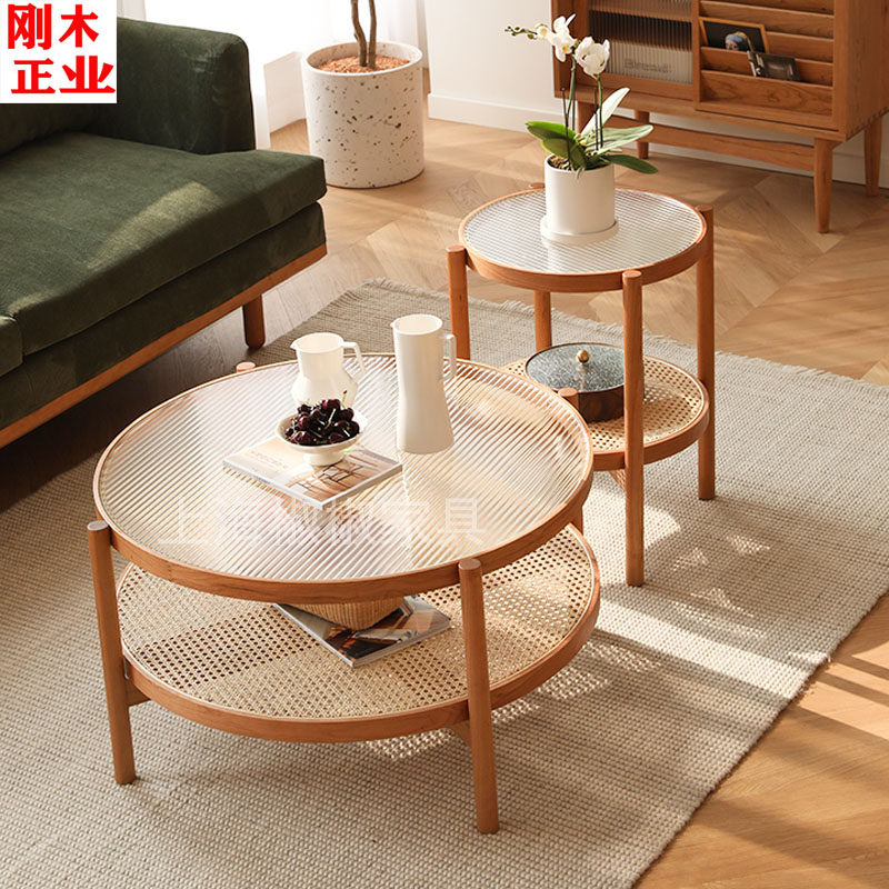 Nordic solid wood round glass tea combined Japanese minimal household small household living room network red vine cocktail tea table