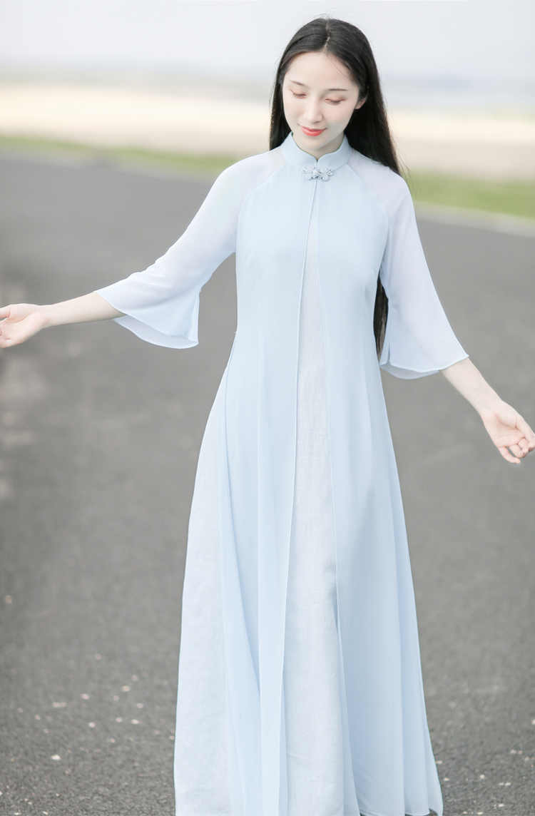 Su rèm Trung Quốc Zen nữ mùa hè khóa retro sửa đổi dịch vụ trà sườn xám phong cách cổ xưa Đầm voan Hanfu váy chiết eo