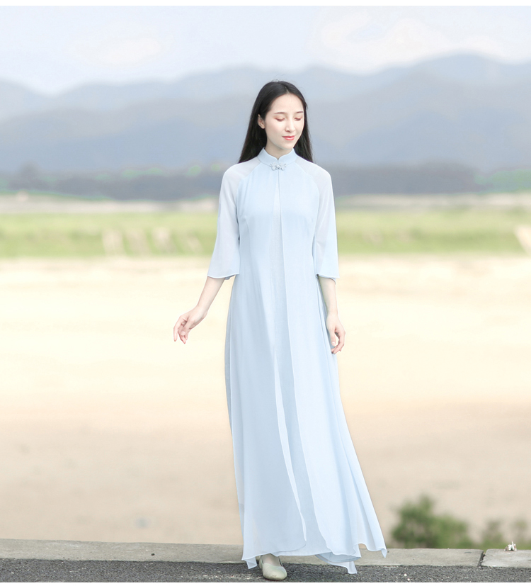Su rèm Trung Quốc Zen nữ mùa hè khóa retro sửa đổi dịch vụ trà sườn xám phong cách cổ xưa Đầm voan Hanfu váy chiết eo