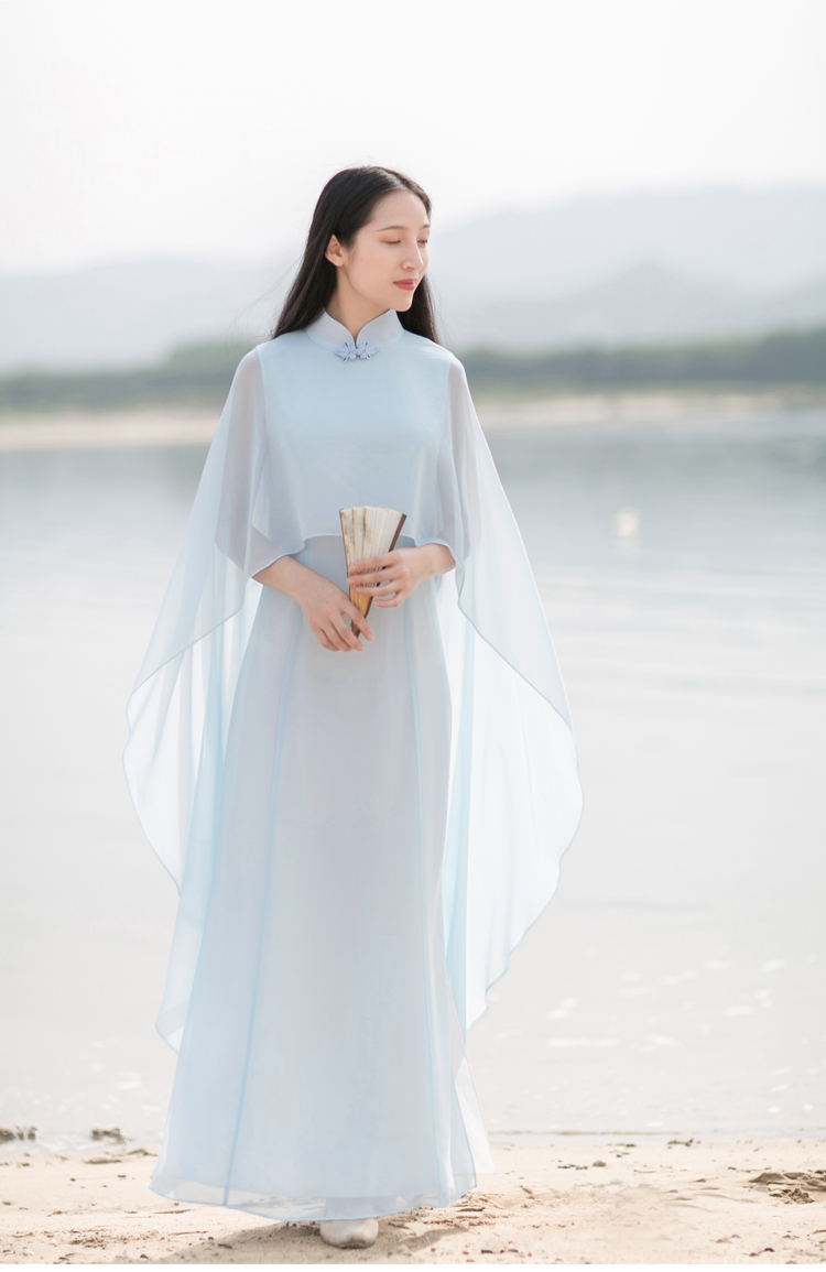 Su rèm mùa xuân và mùa hè retro phụ nữ voan giản dị cổ tích nổi đĩa khóa Zen váy dài váy mới Trung Quốc phù hợp với trà váy trắng dài