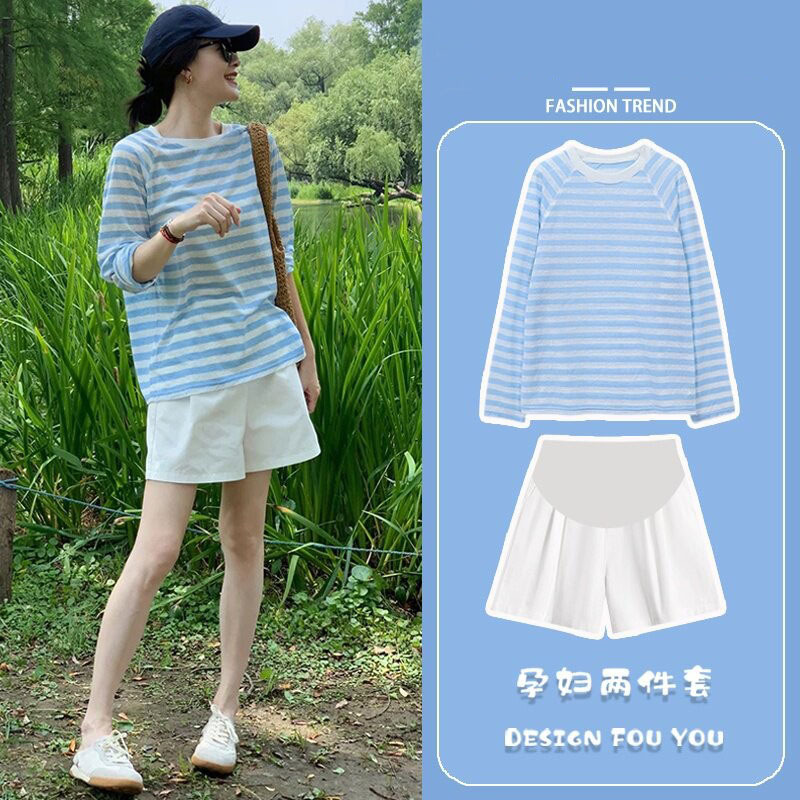 British Dhwa Maternity Wear Summer 2026 New Casual Striped Sun Protection Top + Shorts Set to Cover Belly and Look Slimming British Dhwa Maternity Wear Summer 2026 New Casual Striped Sun Protection Top + Shorts Set to Cover Belly and Look Slimming