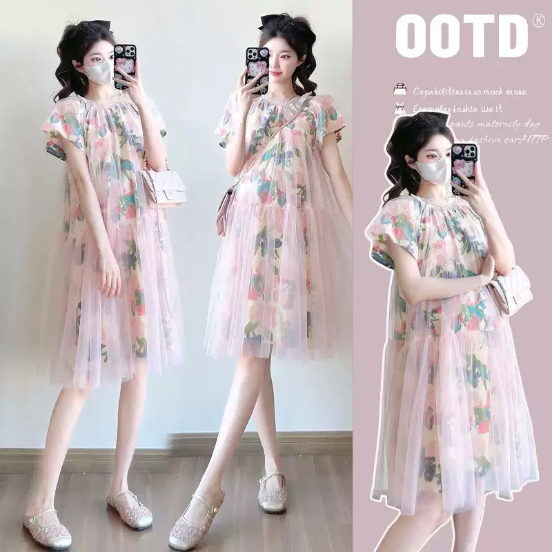 British Dhwa Maternity Dress 2026 Summer New Colorful Floral Dopamine Dress Covers the Belly and Makes You Look Slimmer